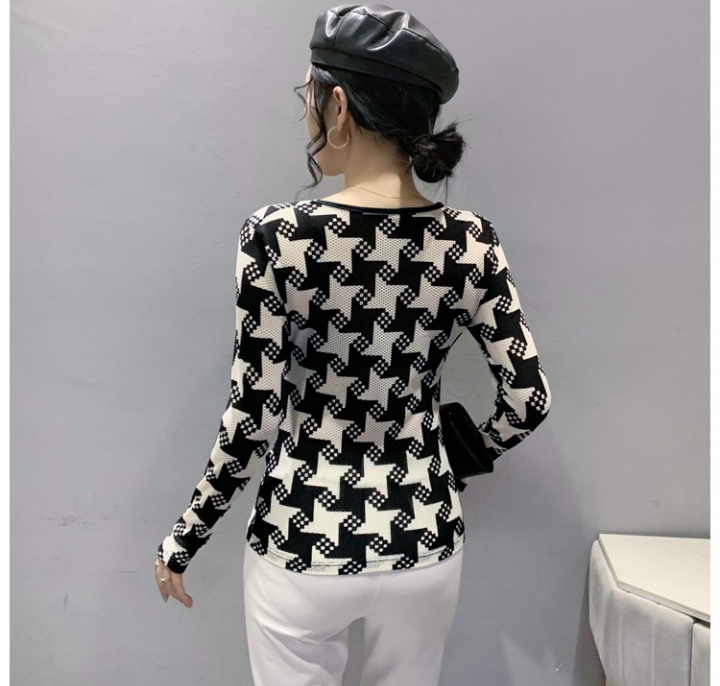 Printing slim houndstooth T-shirt sexy long sleeve tops