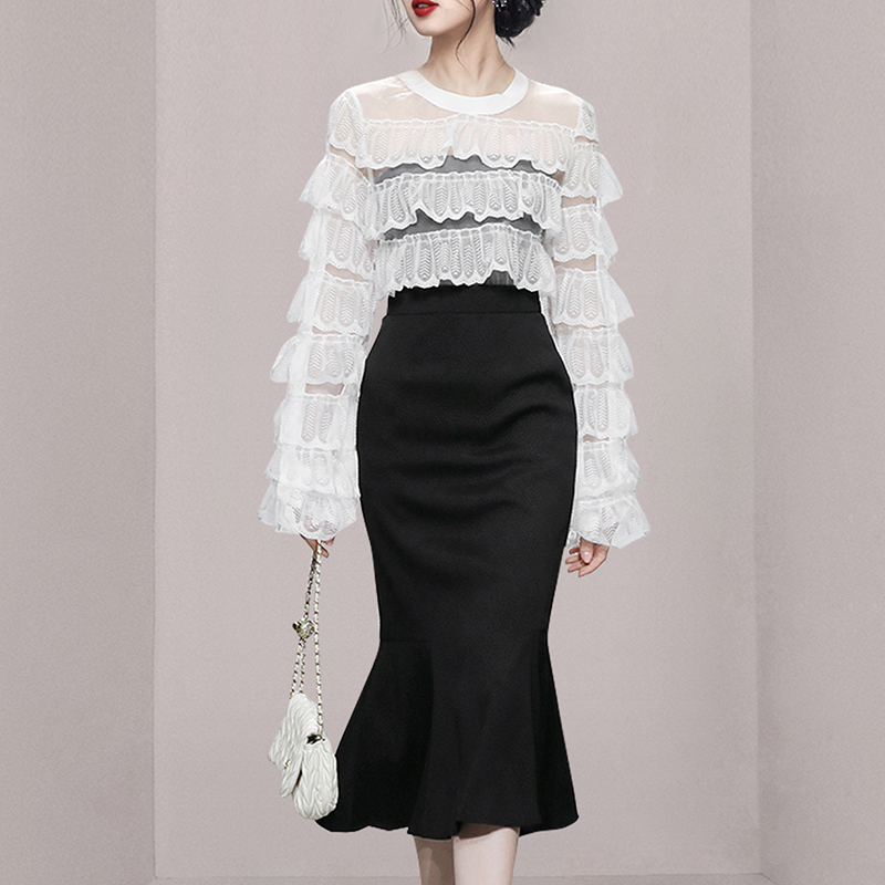 White autumn lace tops round neck black mermaid skirt 3pcs set