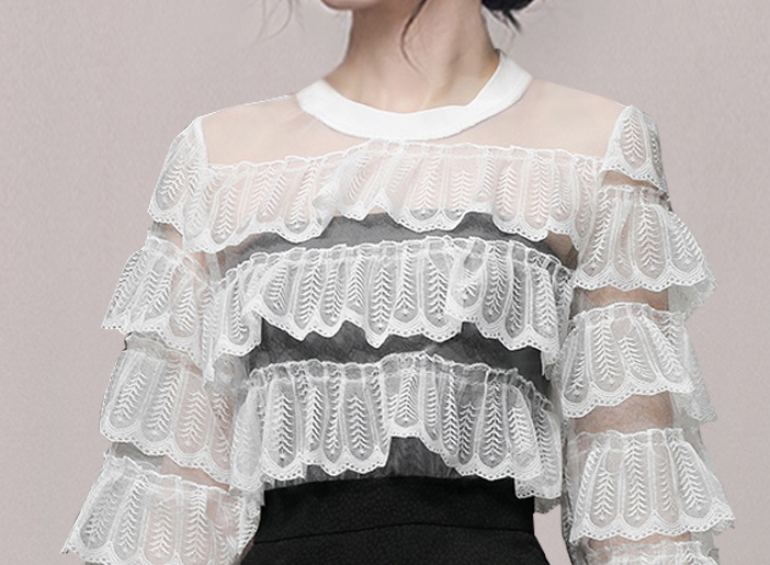 White autumn lace tops round neck black mermaid skirt 3pcs set