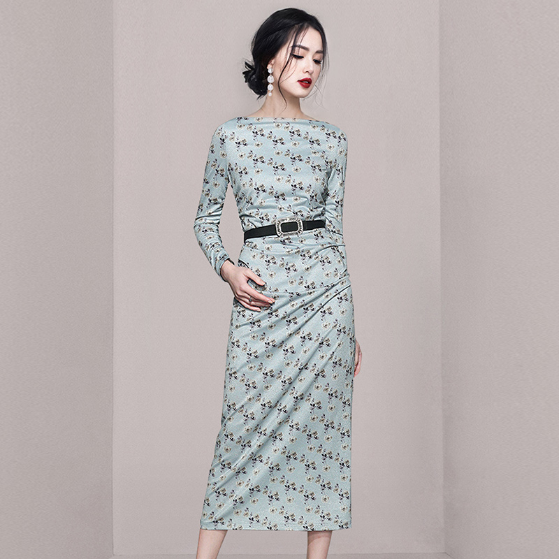 Long slim long dress printing autumn dress for women