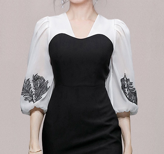 Applique lantern sleeve autumn retro elegant dress