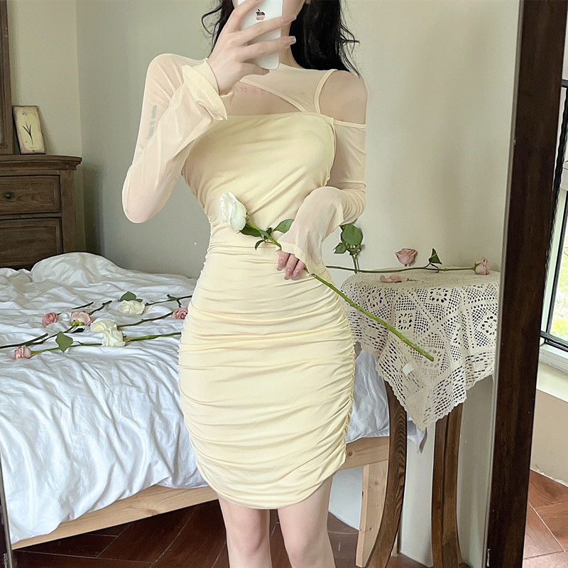 Temperament nude color long sleeve dress for women