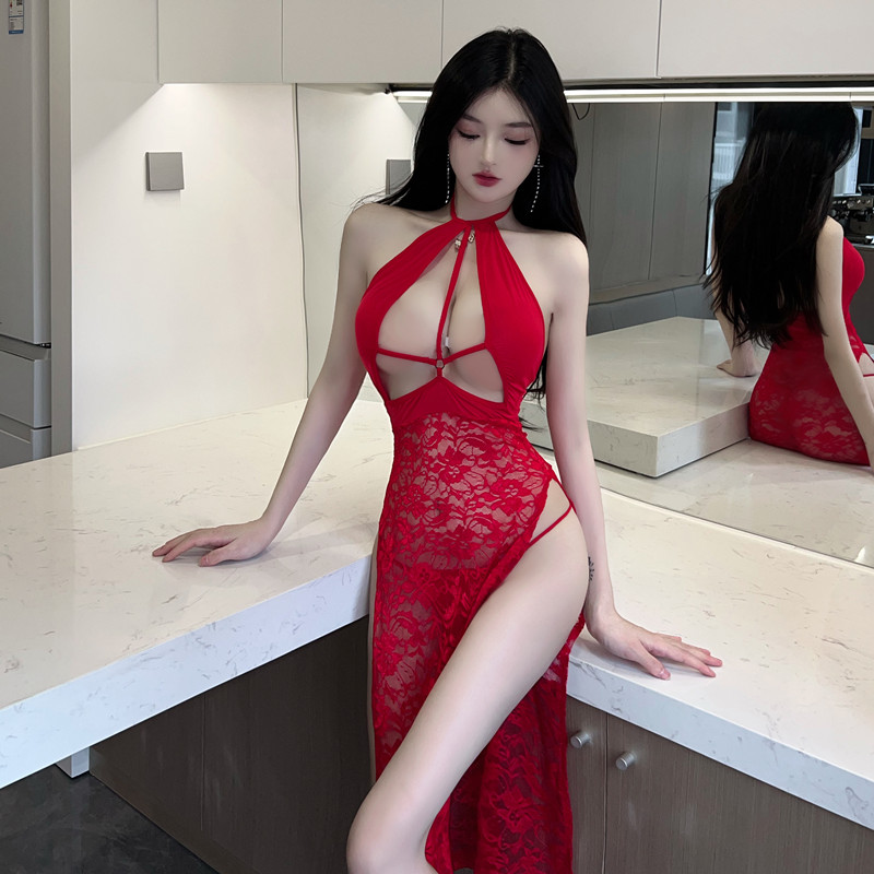 Split lace enticement night dress sexy red hollow dress