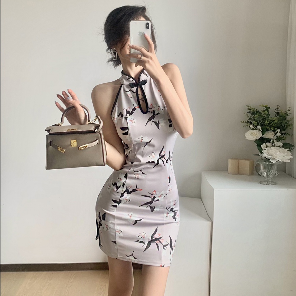 Printing short split cheongsam sexy maiden dress