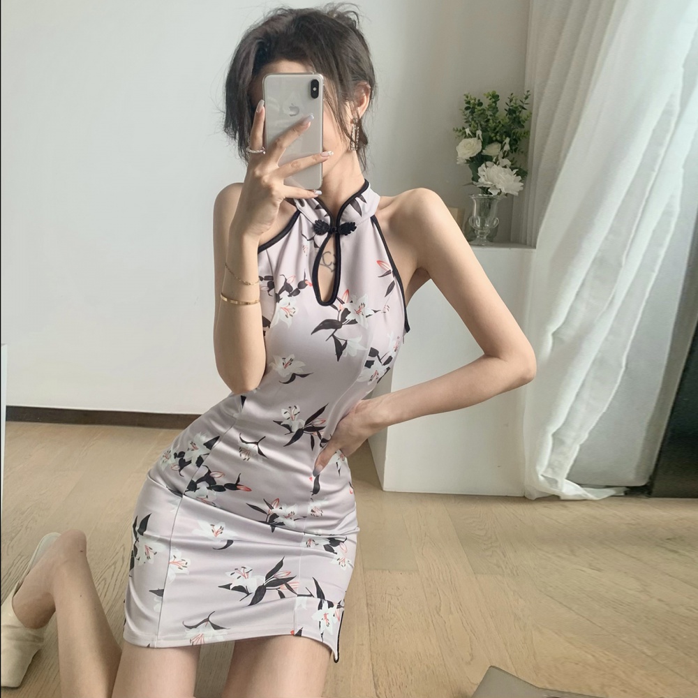 Printing short split cheongsam sexy maiden dress