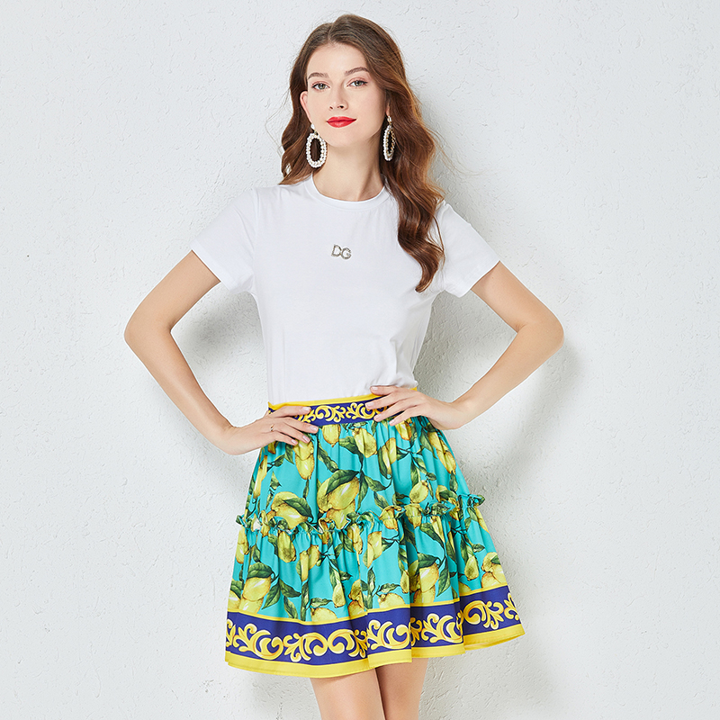 High waist white T-shirt fashion short skirt 2pcs set