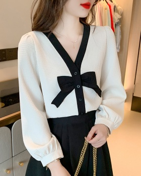 Autumn Korean style bow shirt long sleeve V-neck tops