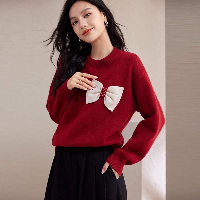 Bow all-match beading loose autumn sweater