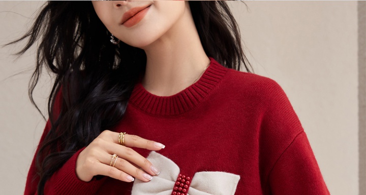 Bow all-match beading loose autumn sweater