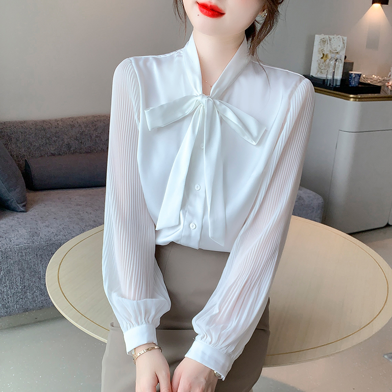 Long sleeve autumn bow collar Korean style crimp shirt
