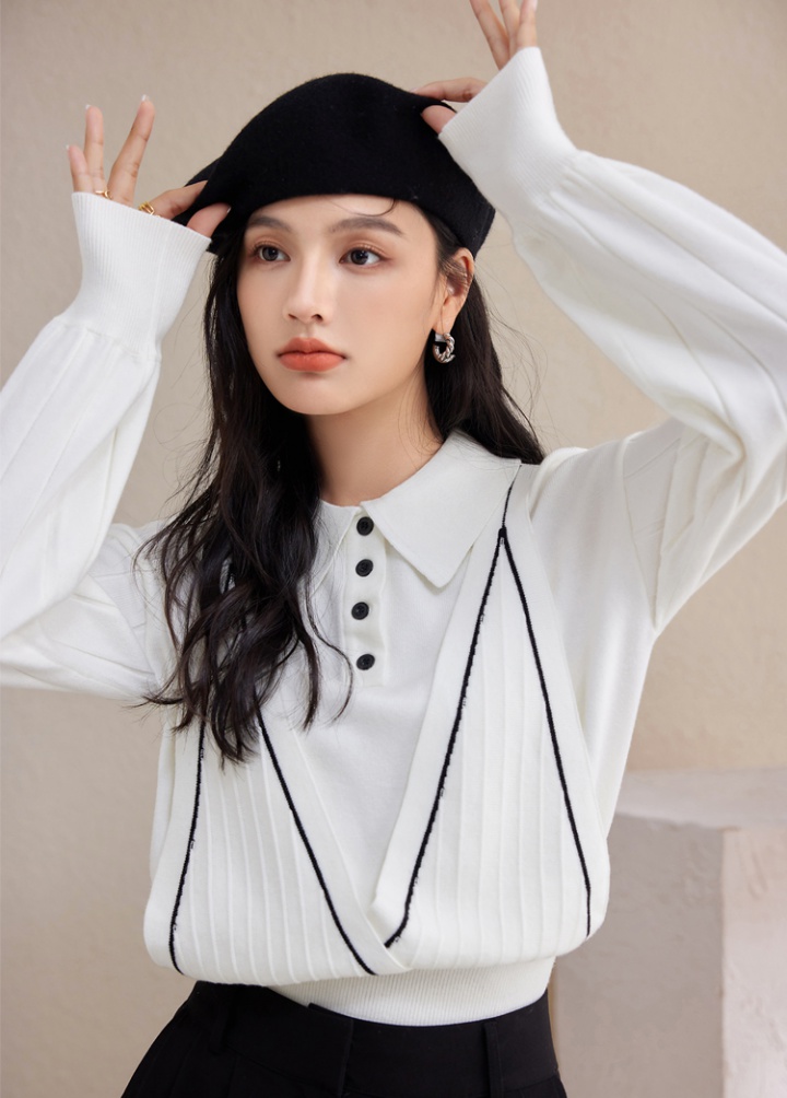 White Pseudo-two sweater long sleeve tops