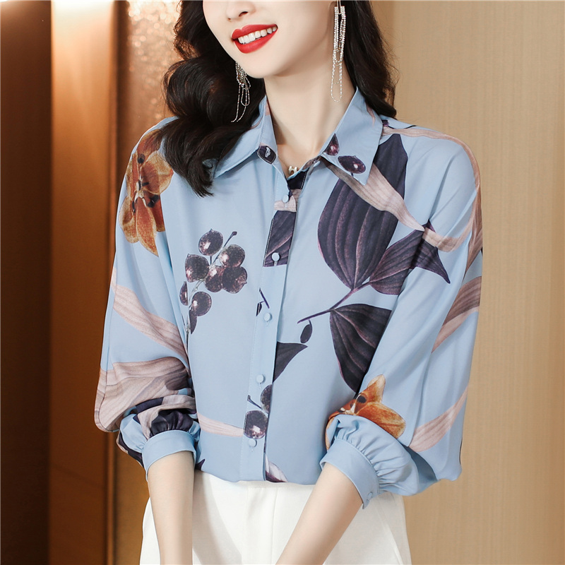 Autumn printing blue tops real silk silk shirt