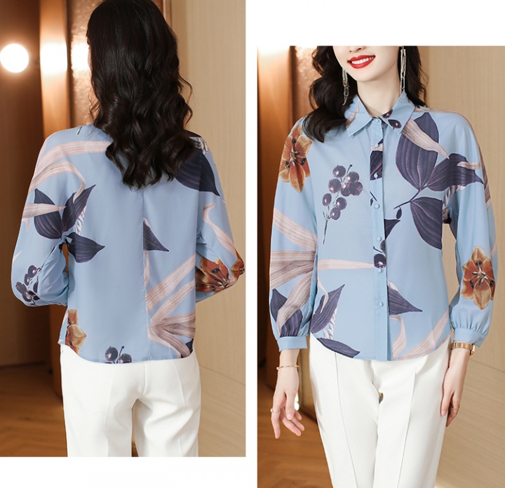 Autumn printing blue tops real silk silk shirt
