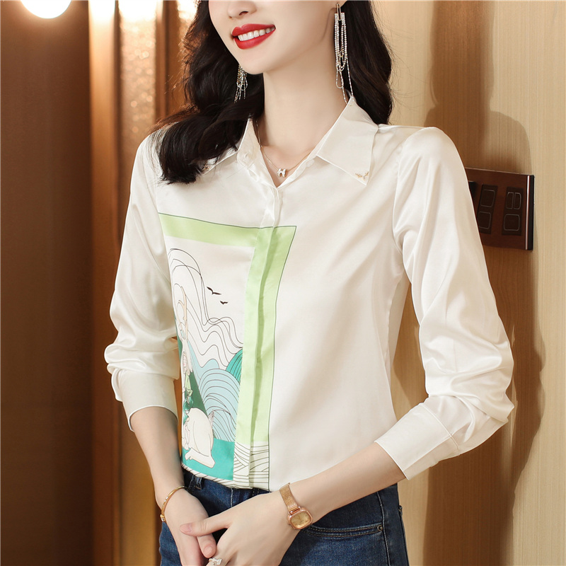 Silk real silk shirt printing long sleeve tops for women