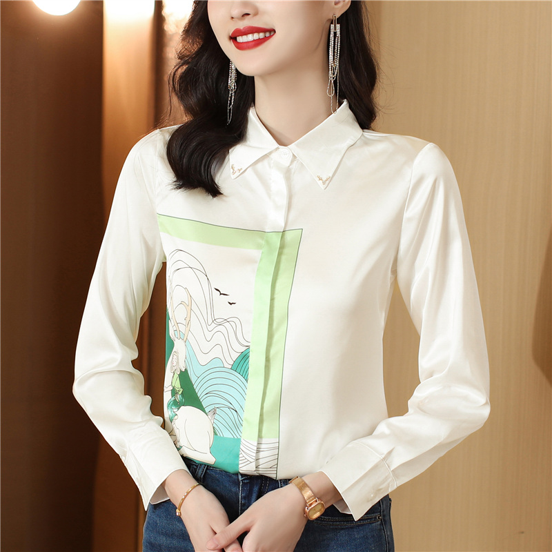 Silk real silk shirt printing long sleeve tops for women