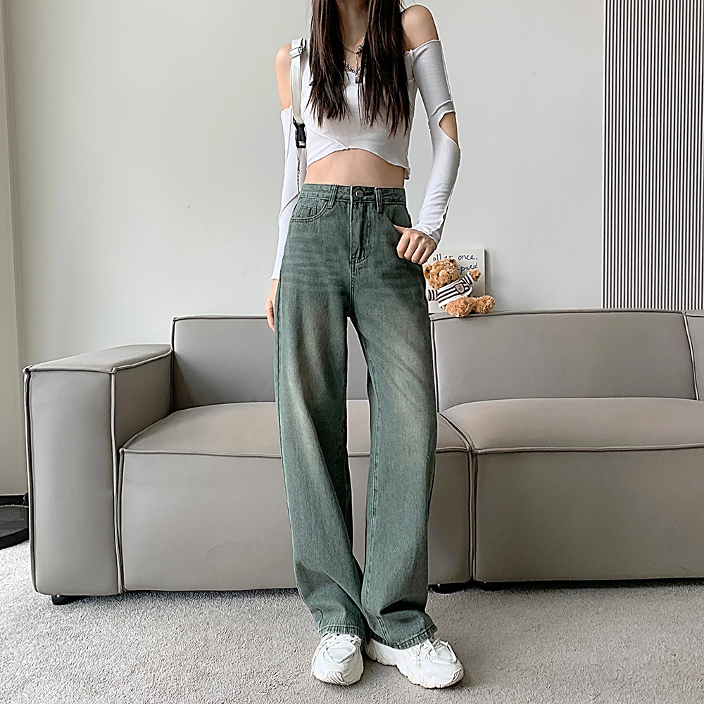 Olive-green mopping high waist jeans slim wide leg loose pants
