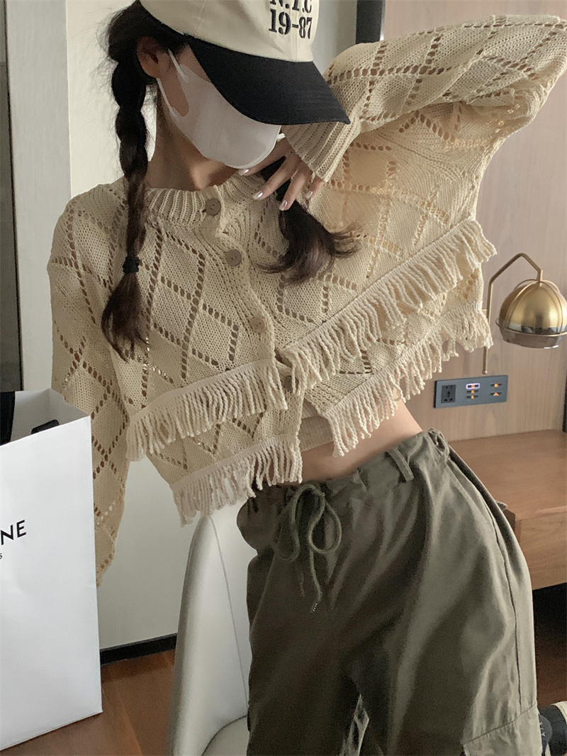 Knitted tassels coat hollow cardigan for women