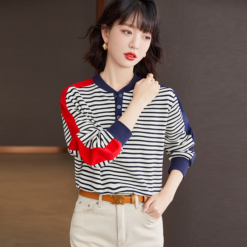 Long sleeve mixed colors tops stripe Casual bottoming shirt