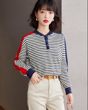 Long sleeve mixed colors tops stripe Casual bottoming shirt