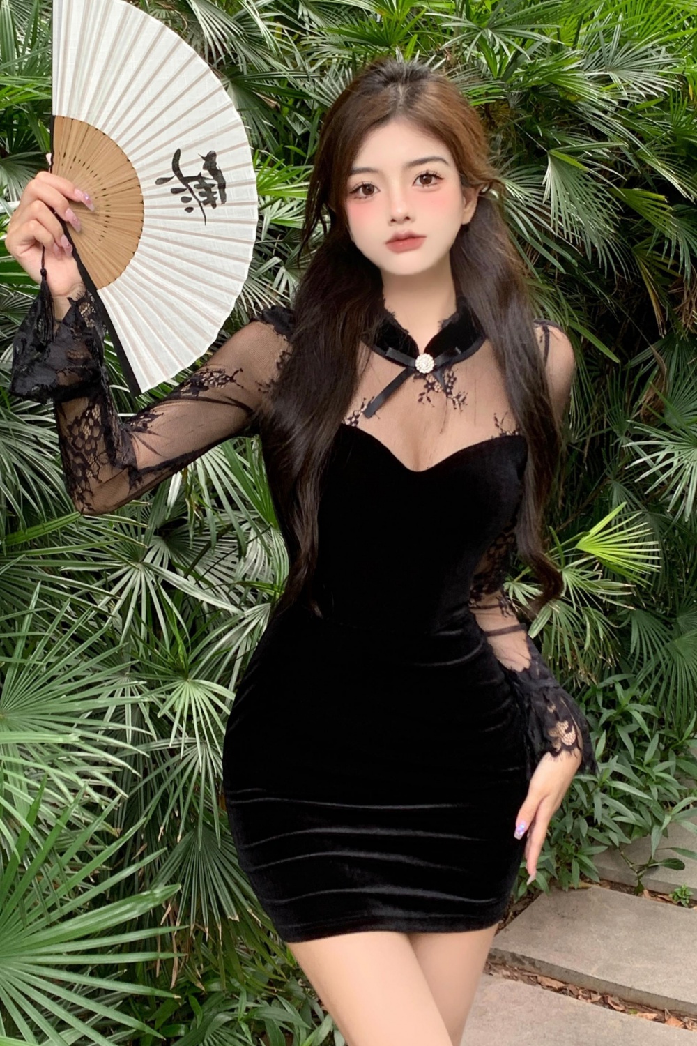 Sexy retro lace slim hollow bottoming dress