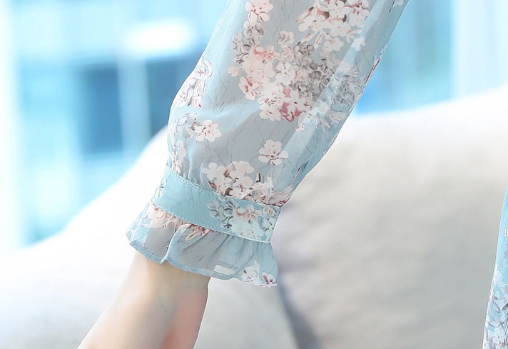 Blue long sleeve chiffon skirt slim floral dress for women