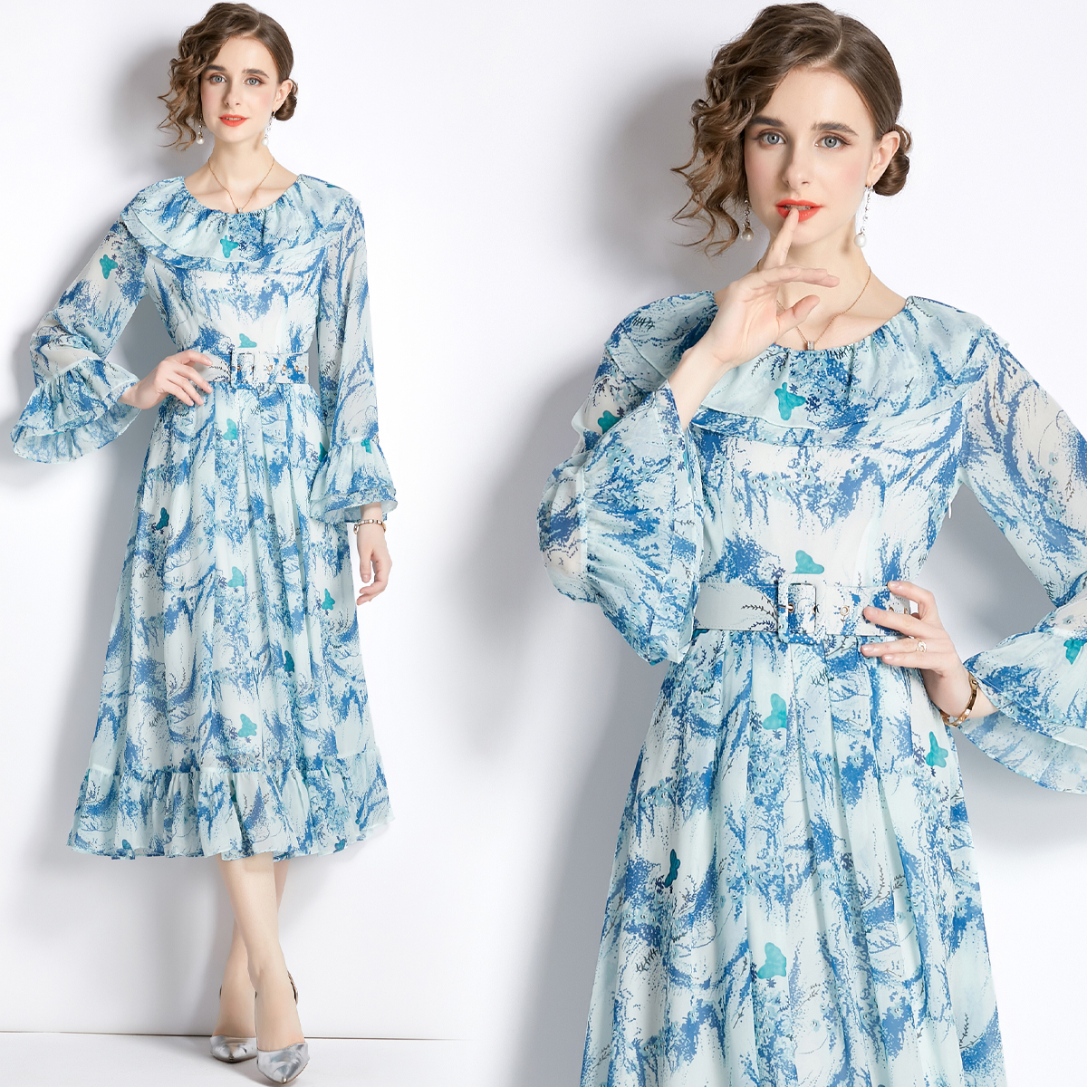 Blue printing chiffon long European style autumn dress