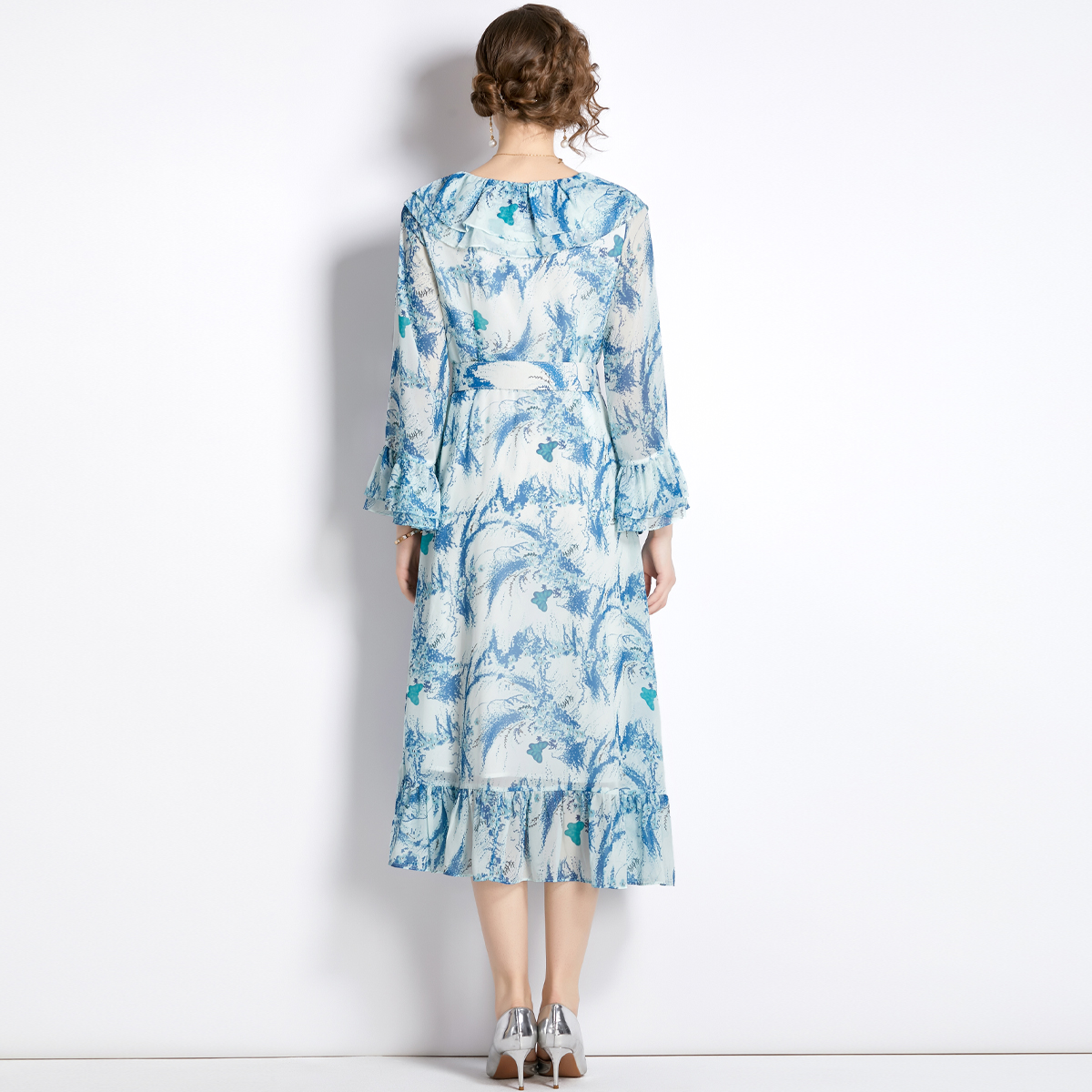Blue printing chiffon long European style autumn dress