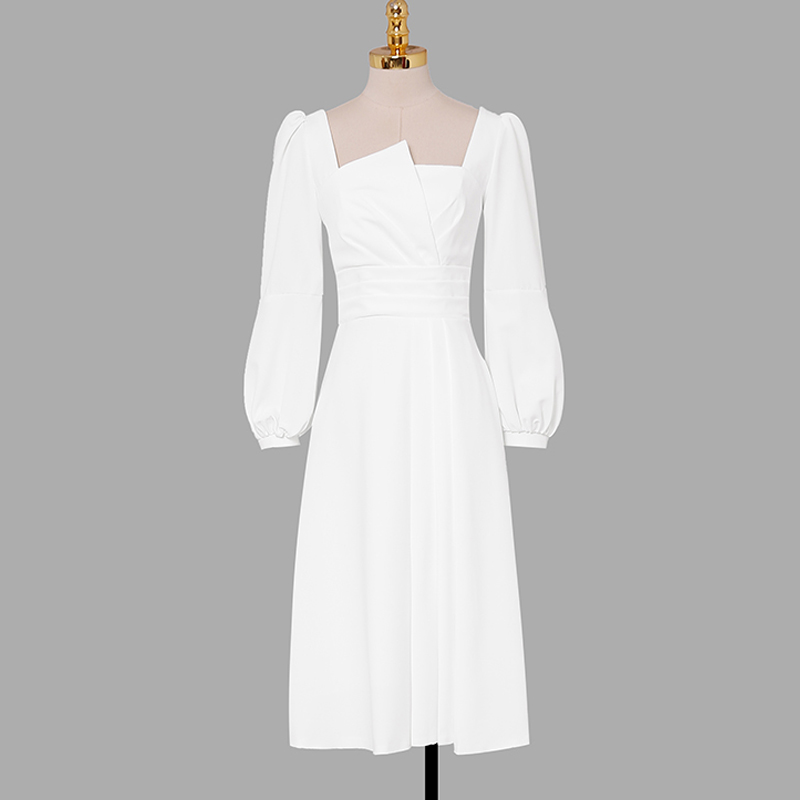 Long white temperament lantern sleeve dress for women