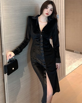 European style long sleeve dress black slim cardigan