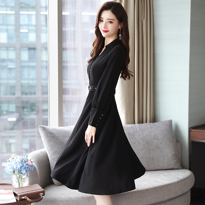 Long sleeve long minimalist dress slim autumn black shirt