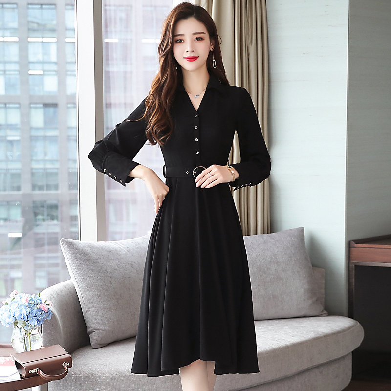 Long sleeve long minimalist dress slim autumn black shirt