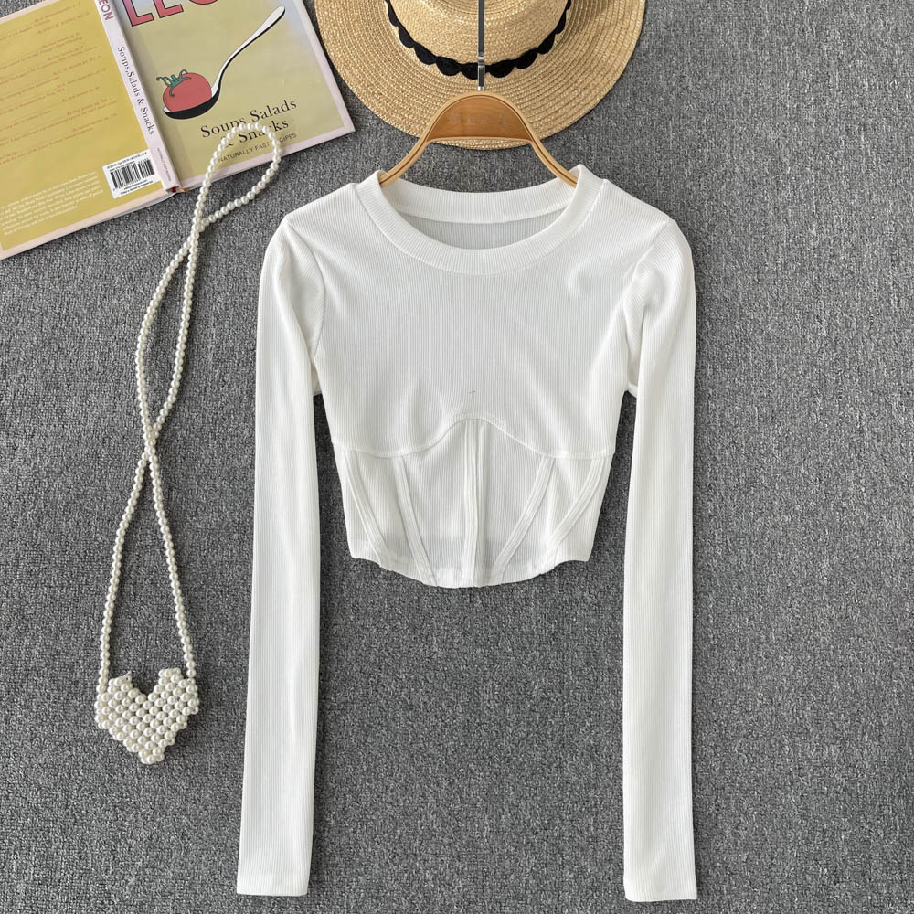 Slim long sleeve retro all-match tops unique white autumn T-shirt