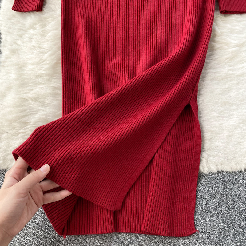 Package hip knitted long dress long sleeve slim dress