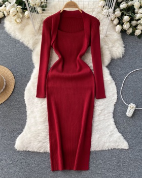 Package hip knitted long dress long sleeve slim dress