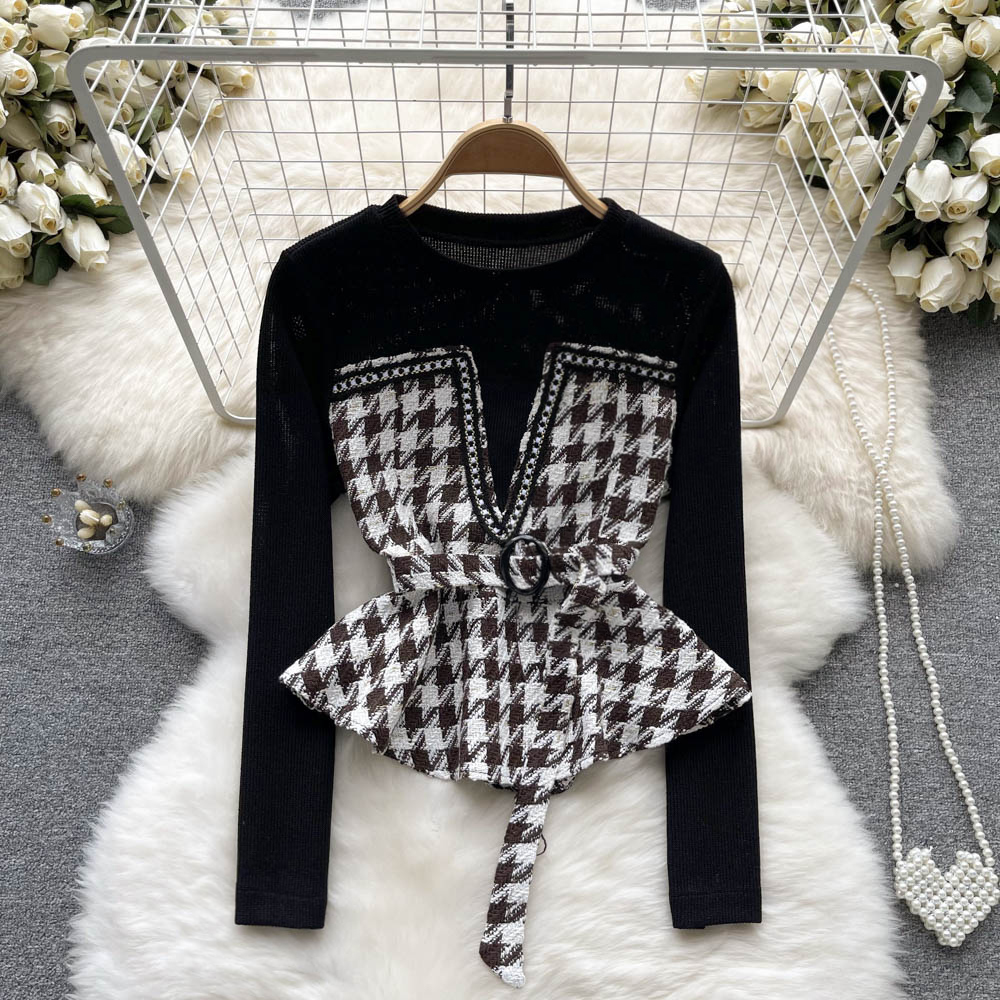 Mixed colors sweater houndstooth bottoming shirt for women
