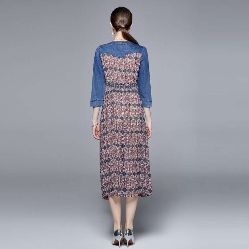 Splice pinched waist denim long skirt V-neck floral dress