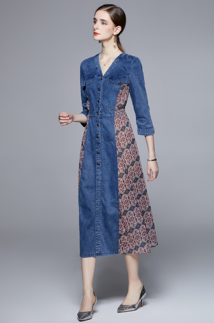 Splice pinched waist denim long skirt V-neck floral dress