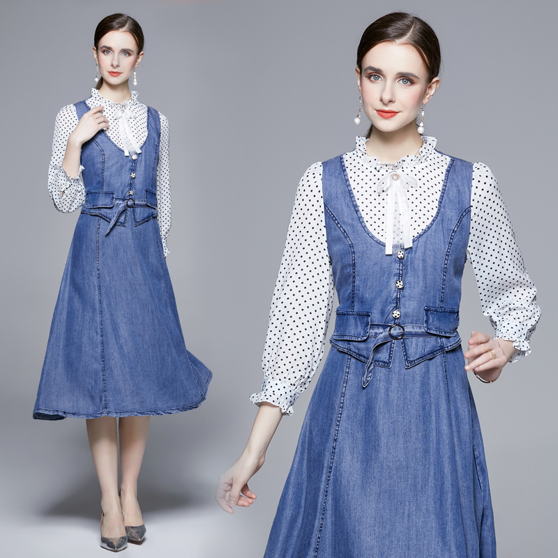 Denim temperament France style Pseudo-two polka dot dress