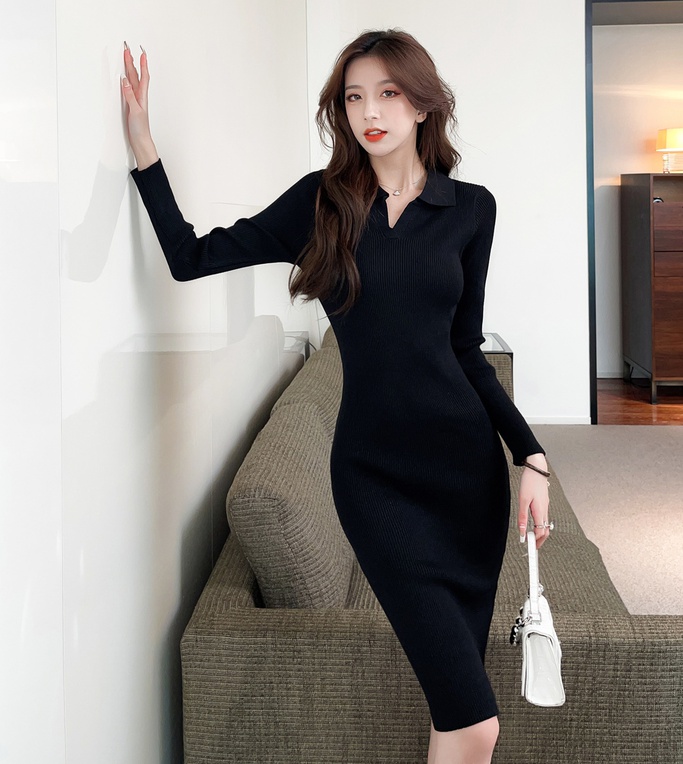 Pinched waist autumn and winter sexy lapel knitted dress