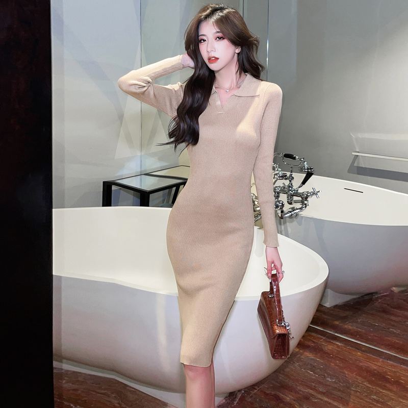 Pinched waist autumn and winter sexy lapel knitted dress