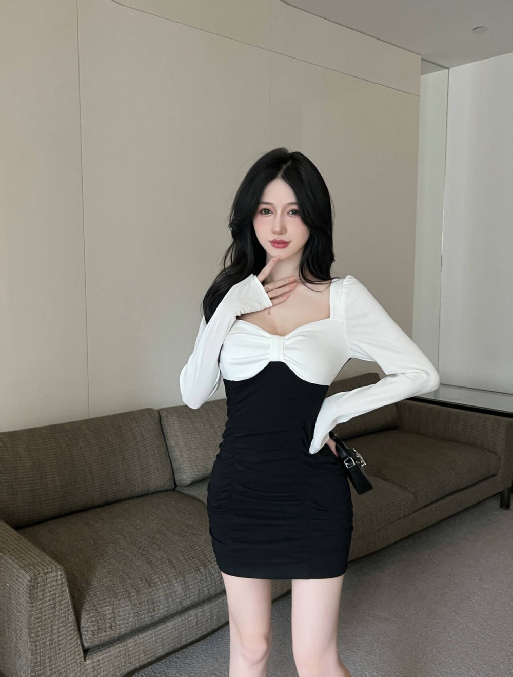 Autumn package hip short sleeve sexy pure dress