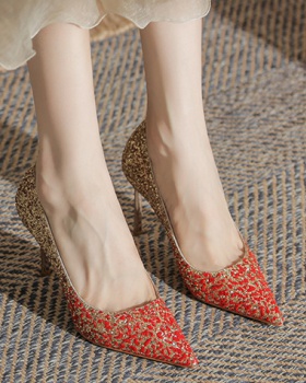 Pointed low high-heeled shoes bride red wedding shoes