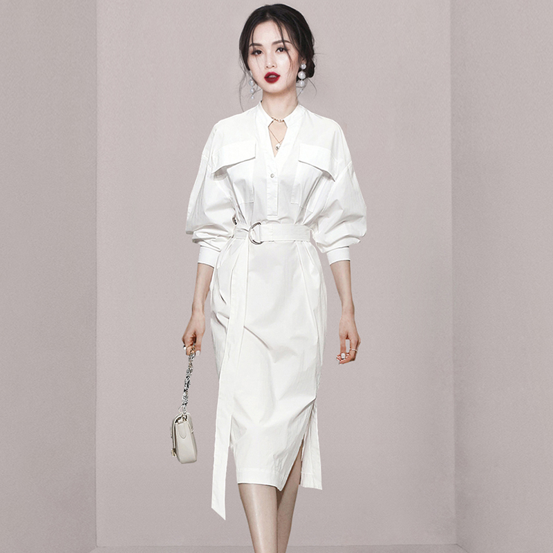 Autumn pinched waist Casual shirt slim white long dress