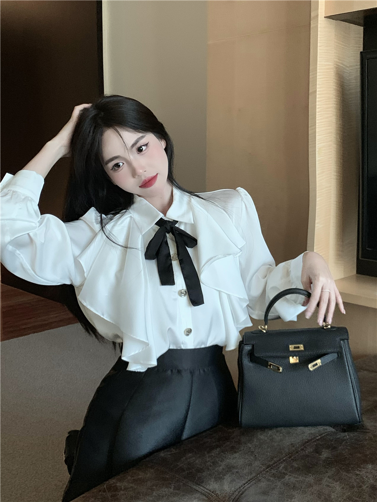 All-match black culottes ladies bow shirt 2pcs set