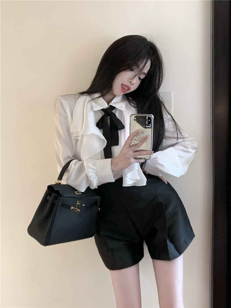 All-match black culottes ladies bow shirt 2pcs set