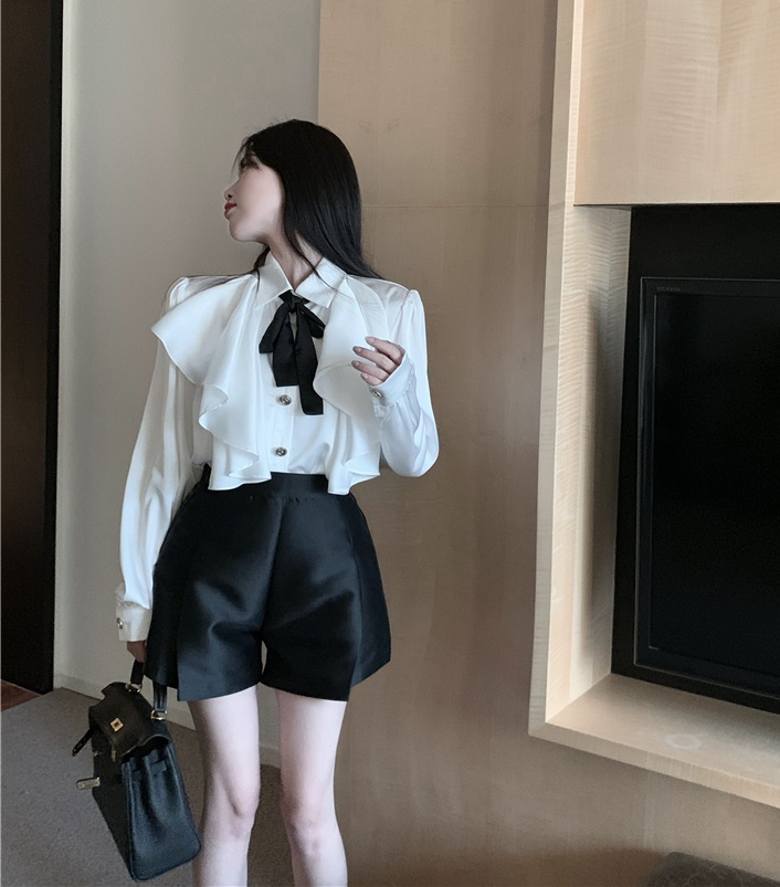 All-match black culottes ladies bow shirt 2pcs set