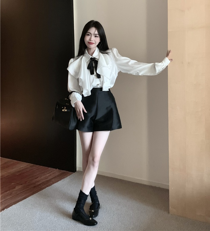 All-match black culottes ladies bow shirt 2pcs set