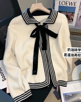 Knitted college style bow sweater lapel autumn cardigan