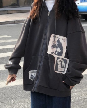 Zip patch coat retro hoodie for women