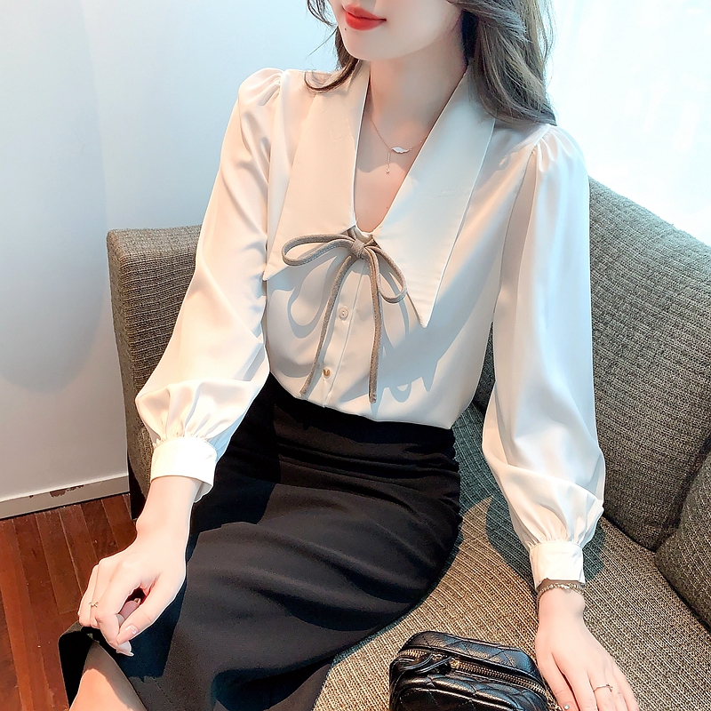 Retro long sleeve tops big pointed collar shirt for women
